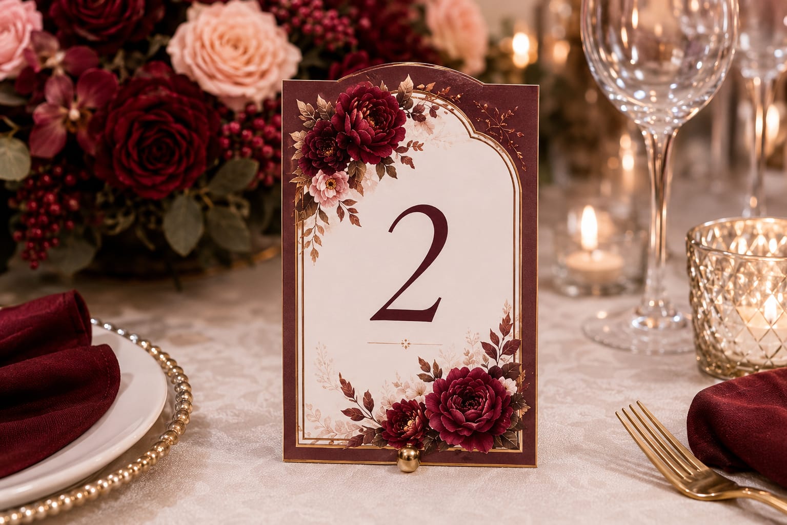 Tischnummern Bordeauxrot Hochzeit mieten | Set 1–10 Marsala Deko