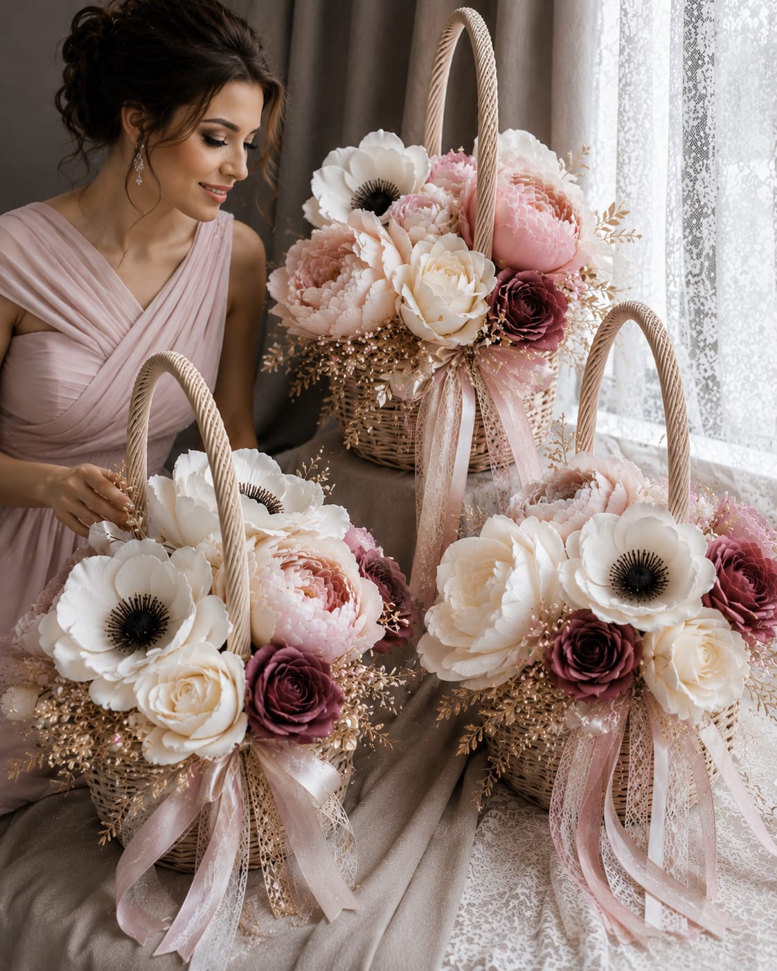Set Hochzeitskörbe mit Anemonen & Puderrosa Rosen | Deko-Korb 3er Set