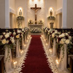 Blumendekoration für Kirchenbänke in Weinrot & Weiß mieten | Gangdekoration Hochzeit