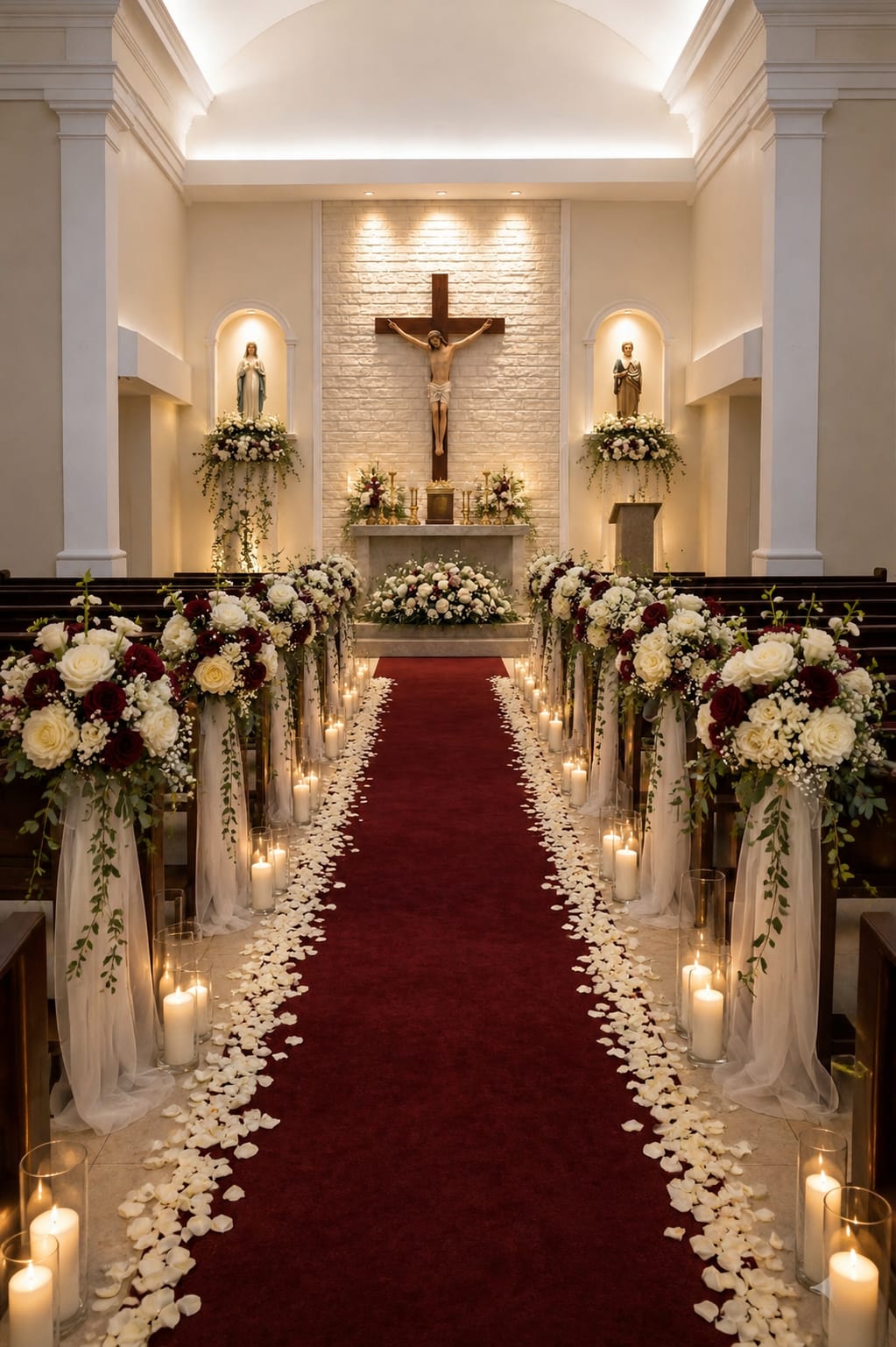 Blumendekoration für Kirchenbänke in Weinrot & Weiß mieten | Gangdekoration Hochzeit