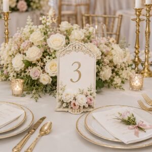 Tischnummern Ivory Gold mieten | Edle Tischnummer-Aufsteller Hochzeit 1–12