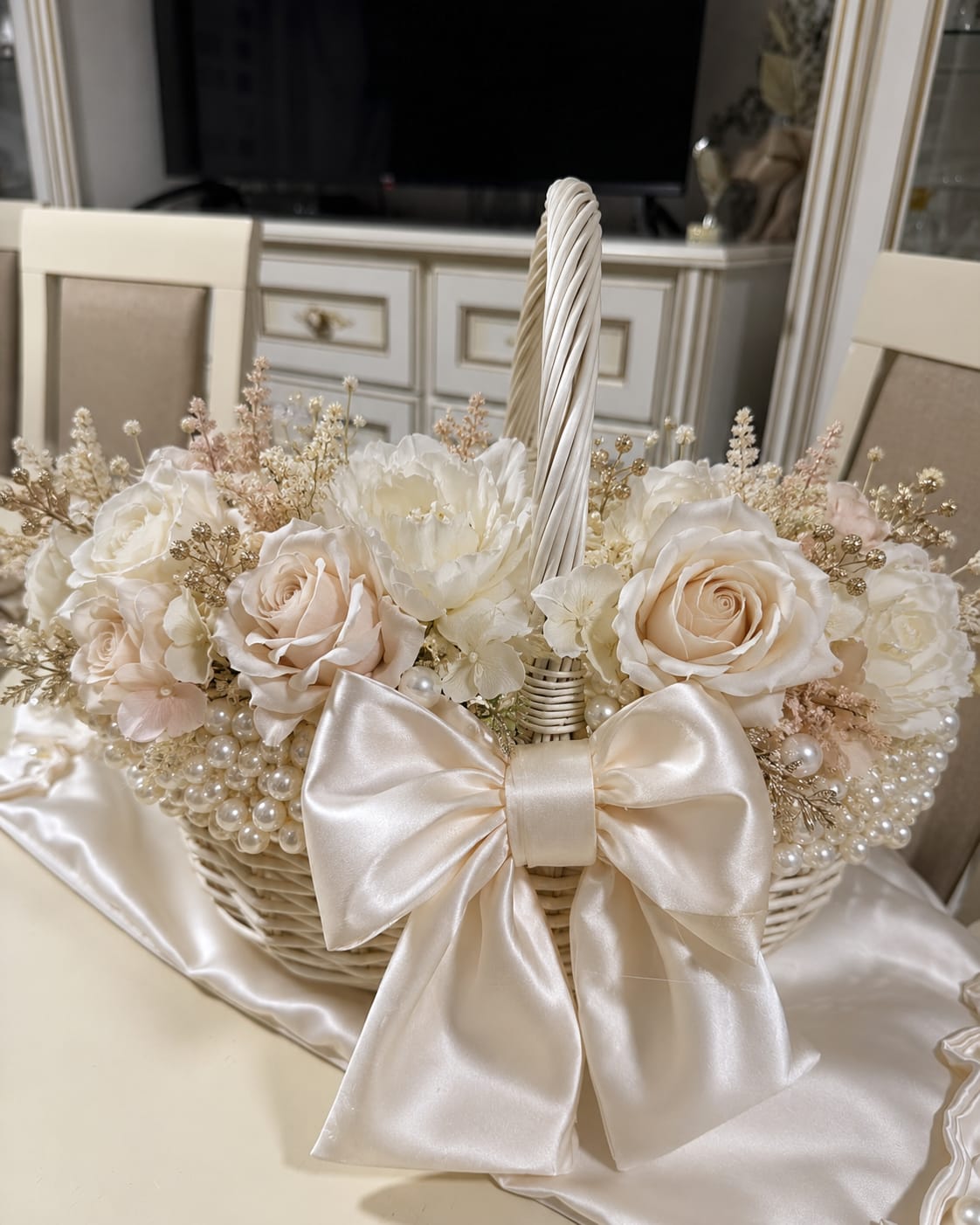 Eleganter Hochzeitskorb mit Perlen & Satinschleife | Deko-Korb Ivory mieten