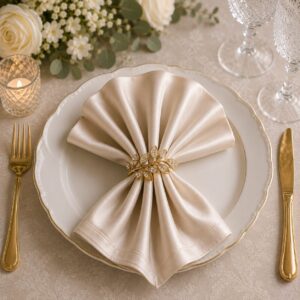 Satinservietten Cream Champagne mieten | Serviettenringe Gold Kristall Verleih