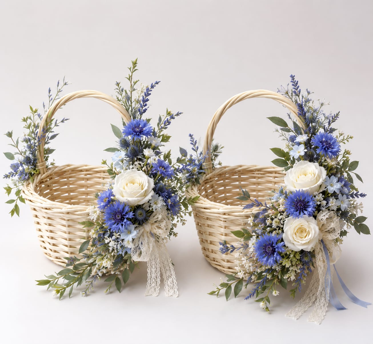Set Hochzeitskörbe mit Blauen Kornblumen & Rosen mieten | Eleganter Deko-Korb Set