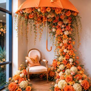 Orangefarbener Schirm mit Blumenkaskade mieten | Exklusive Fotozone Hochzeit