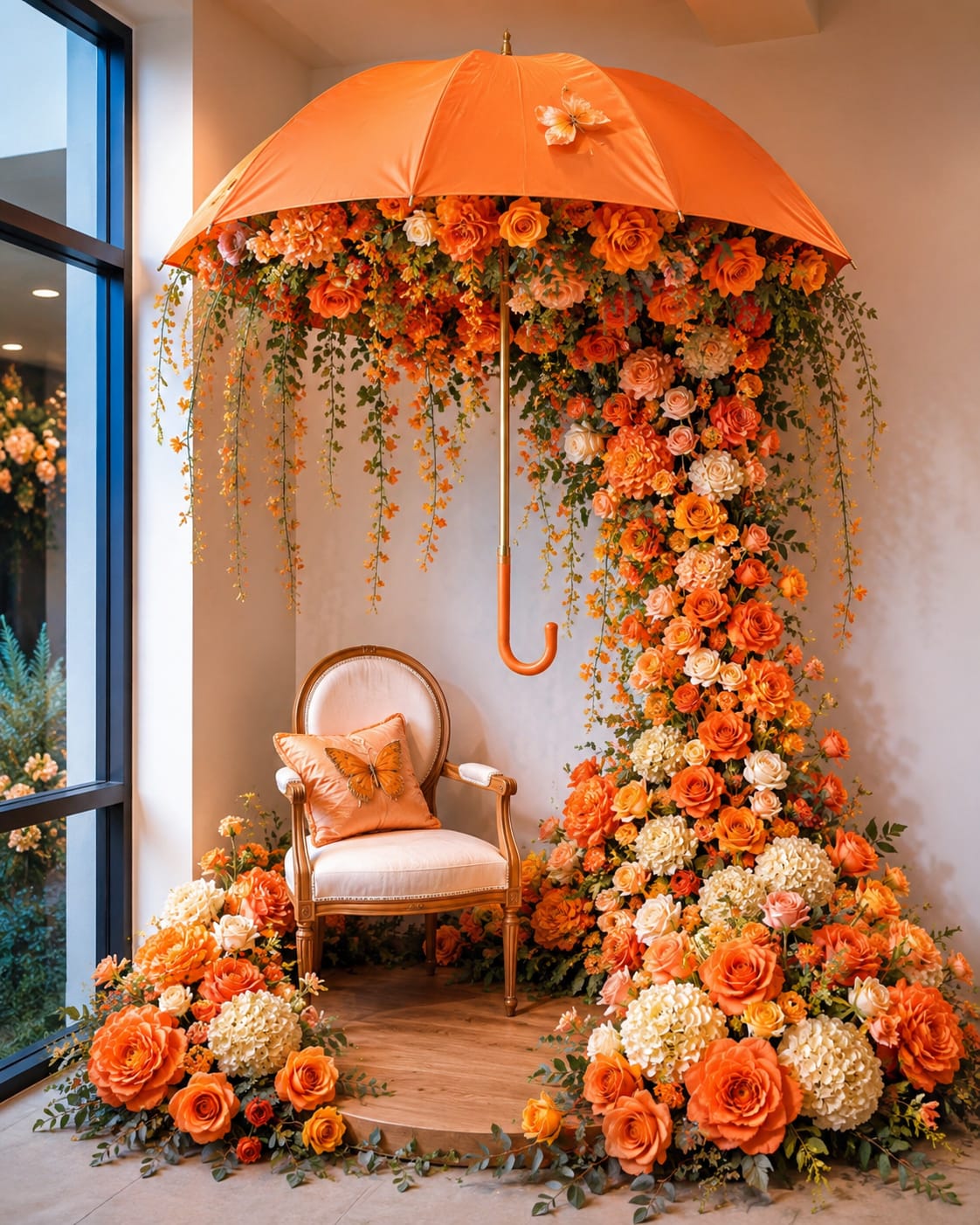 Orangefarbener Schirm mit Blumenkaskade mieten | Exklusive Fotozone Hochzeit