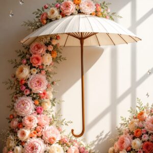 Dekorativer Schirm mit Blumenkaskade mieten | Fotozone Hochzeit