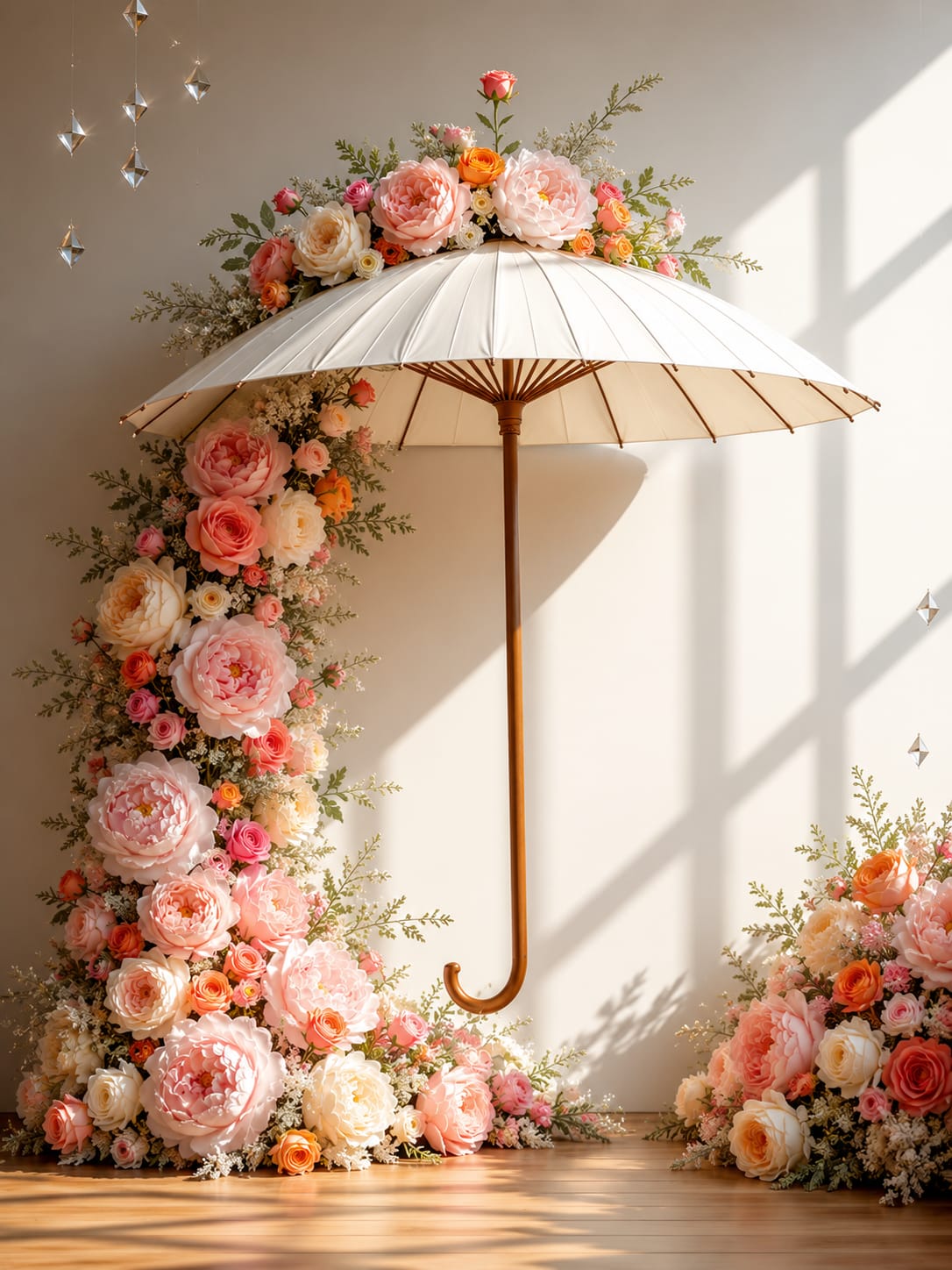 Dekorativer Schirm mit Blumenkaskade mieten | Fotozone Hochzeit