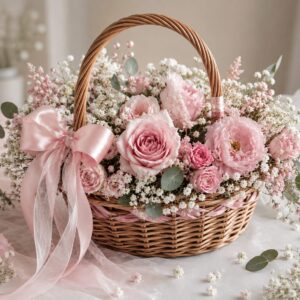 Eleganter Hochzeitskorb mit Puderrosa Rosen & Schleife | Deko-Korb mieten