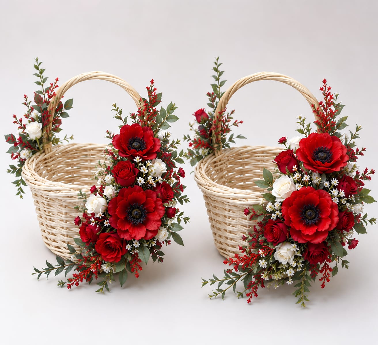 Set Hochzeitskörbe mit Roten Anemonen & Rosen mieten | Deko-Korb 2er Set