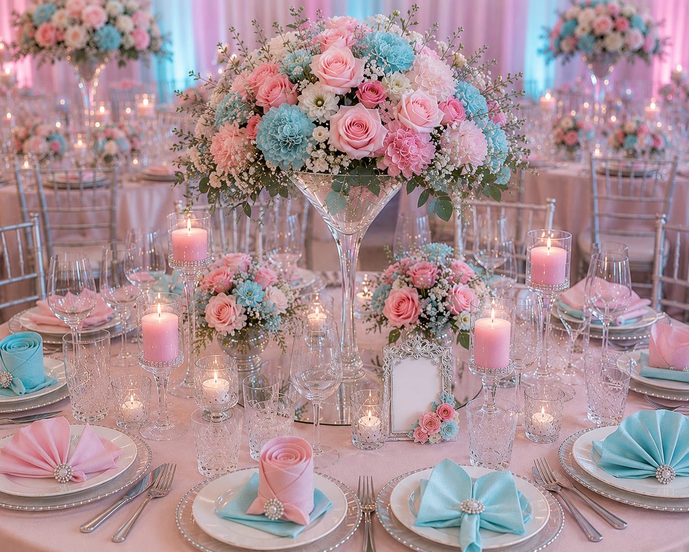 Satin Servietten Rosa & Aqua mieten | Elegant Set für Hochzeitsdeko