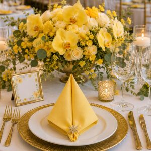 Baumwoll Servietten Sonnengelb mieten | Edles Set für Hochzeitsdeko & Table-Setting