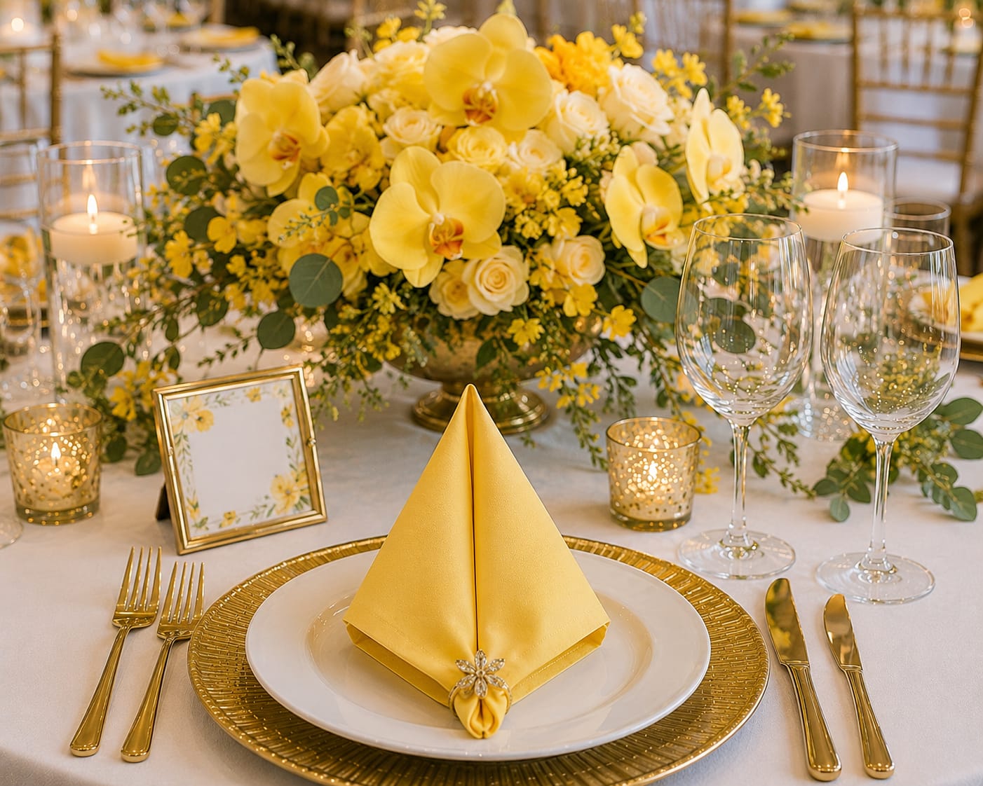 Baumwoll Servietten Sonnengelb mieten | Edles Set für Hochzeitsdeko & Table-Setting