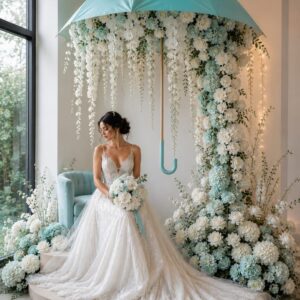 Tiffany Blue Schirm mit Blumenkaskade mieten | Exklusive Fotozone Hochzeit