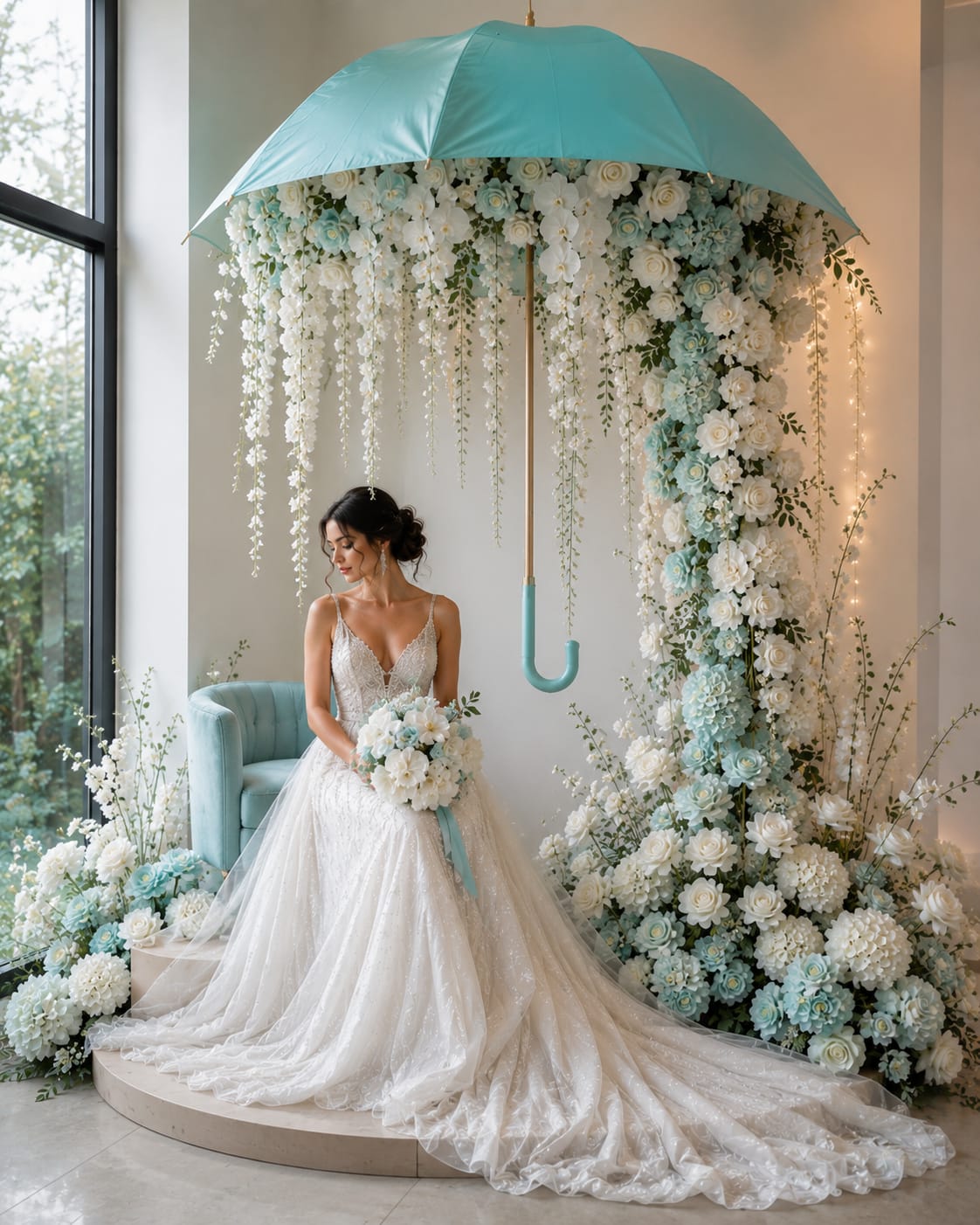 Tiffany Blue Schirm mit Blumenkaskade mieten | Exklusive Fotozone Hochzeit
