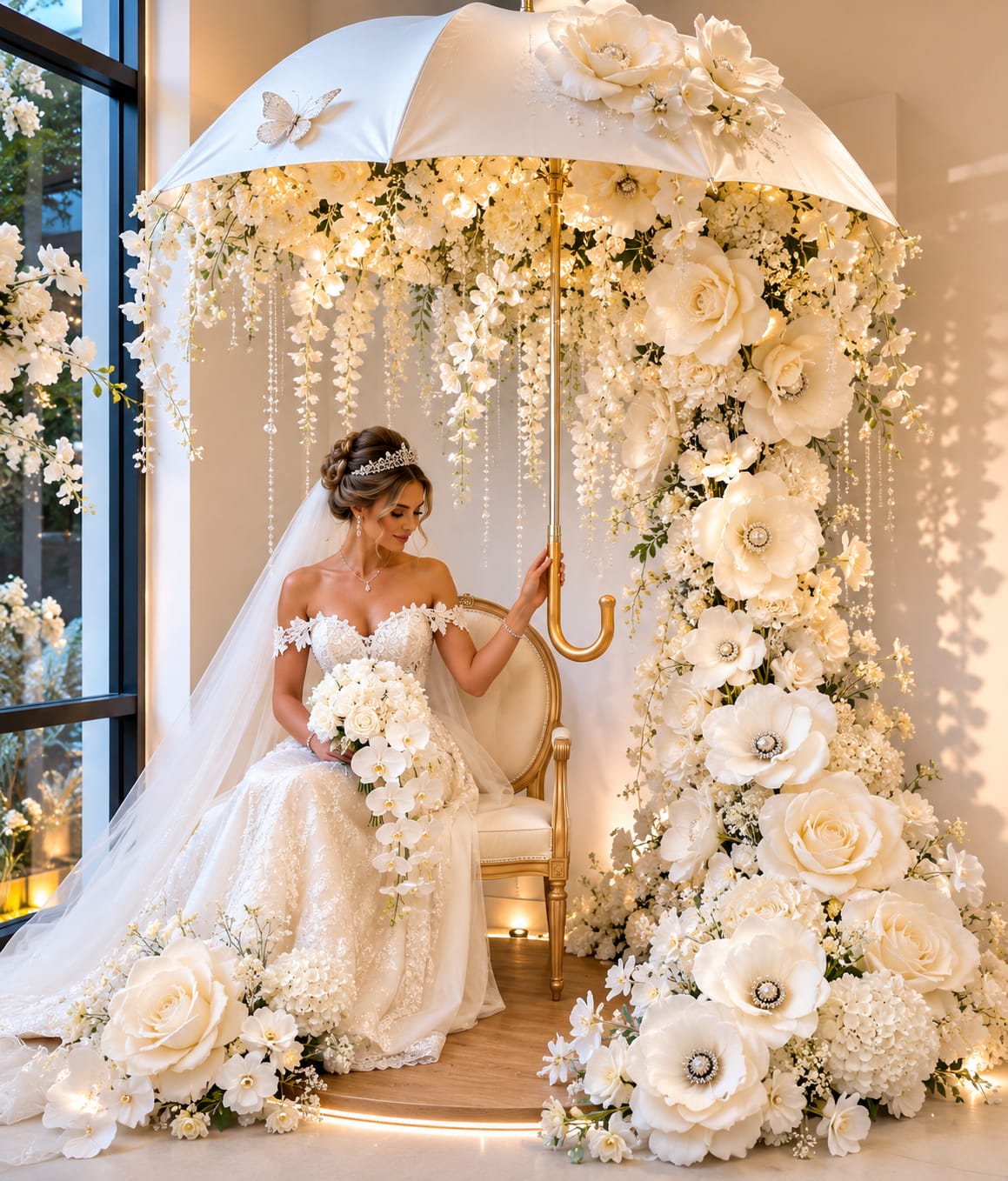 Weißer Luxus-Schirm mit Blumenkaskade mieten | Fotozone Hochzeit
