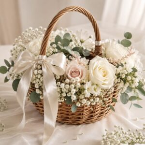 Eleganter Hochzeitskorb mit Weißen Rosen & Schleife | Deko-Korb mieten