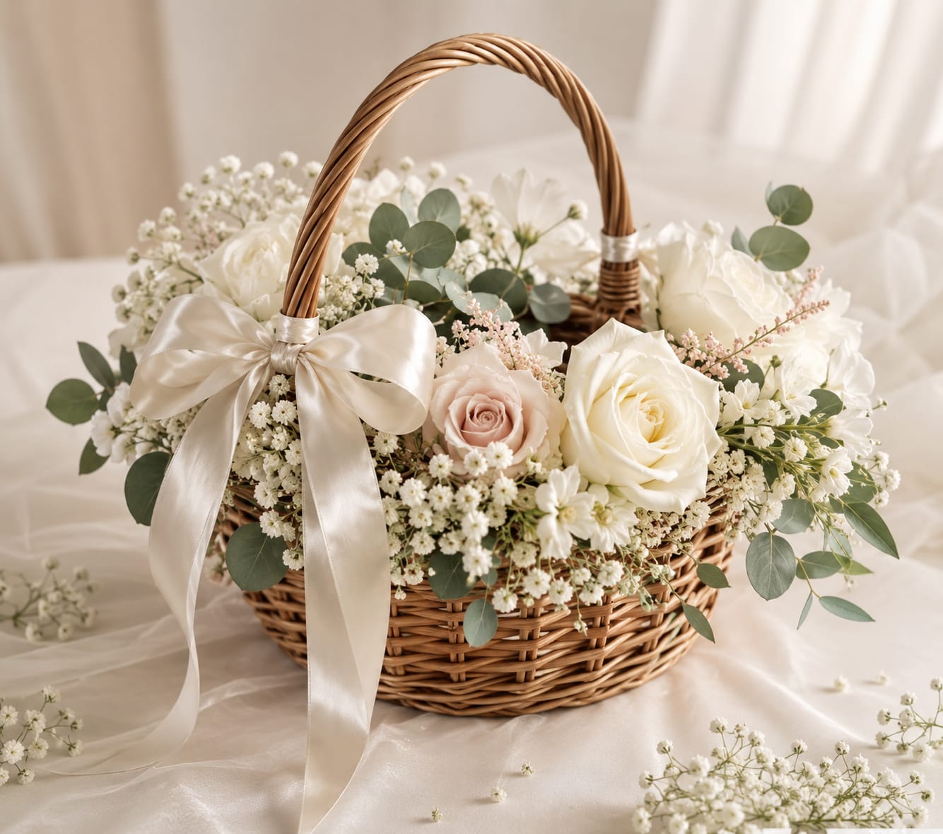 Eleganter Hochzeitskorb mit Weißen Rosen & Schleife | Deko-Korb mieten